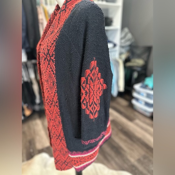 Lucky Brand Aztec Open Front Womens Medium Long Sleeve Cardigan Sweater Linen - Picture 2 of 6